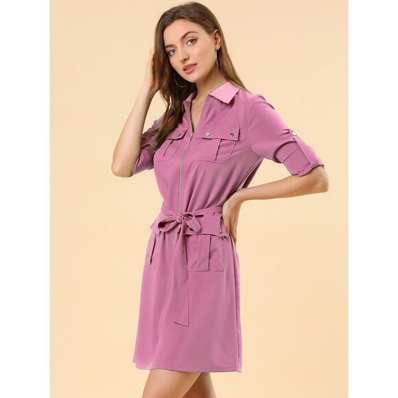 Roll Up Sleeves Multi-Pocket Safari Belted Collared Shirt Dress Purple Plum - Picture 3 of 6